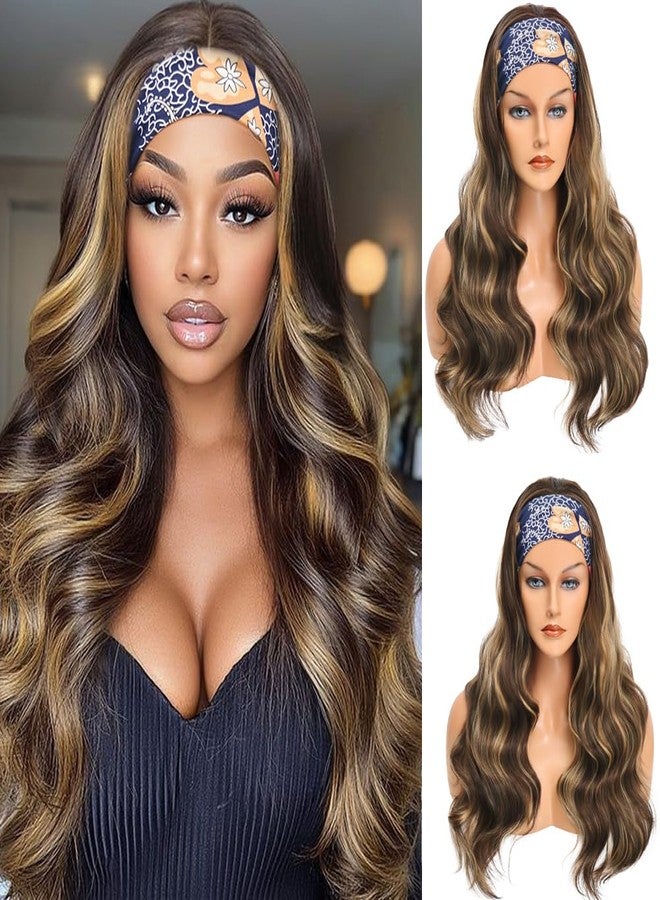 Colorful Queen Honey Blonde Highlight Headband Wig Ombre Brown Body Wave Headband Wigs for Black Women Brown Mix Blonde Colored Long Wavy Wig with Headband 26 Inch F4/27 - Image 1